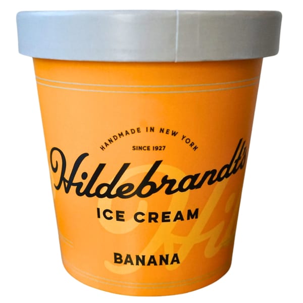 Hildebrandt's Banana ice cream pint, orange with black lettering, and a light gray lid.