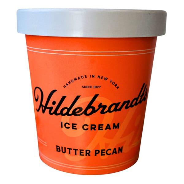 Hildebrandt's Butter Pecan ice cream pint, orange container with white lid, black script logo.