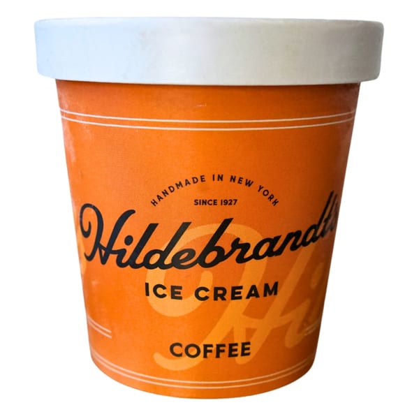 Hildebrandt's Coffee Ice Cream pint with an orange label and white lid.