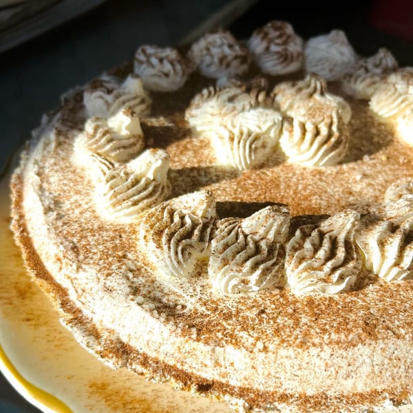 Close-up of a Hildebrandt's ice cream cake with whipped cream swirls and cinnamon dusting.