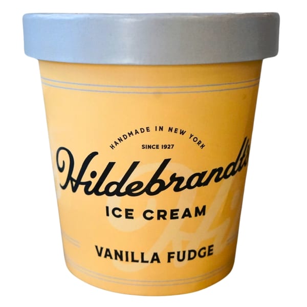 Hildebrandt's Vanilla Fudge ice cream pint with a light blue lid and yellow container.