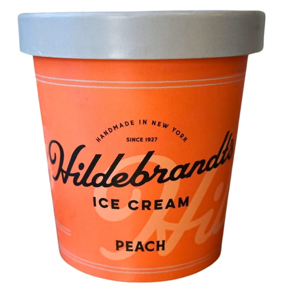 Hildebrandt's peach ice cream pint with an orange label and light blue lid.