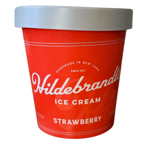 A red Hildebrandt's ice cream pint with a white lid, labeled "Strawberry".
