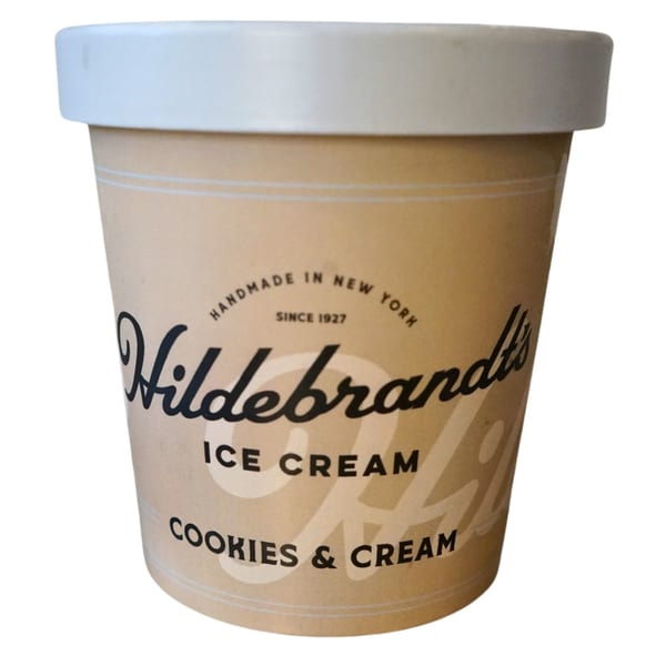 Hildebrandt's Cookies & Cream ice cream pint with a light brown label and white lid.