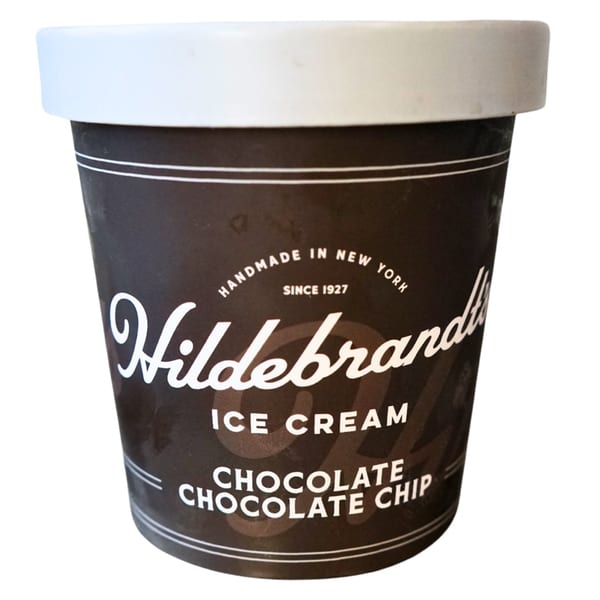Hildebrandt's chocolate chocolate chip ice cream pint with a white lid.