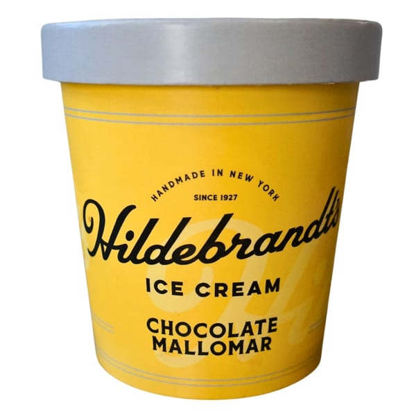 Hildebrandt's Chocolate Mallomar ice cream pint with a yellow label and gray lid.