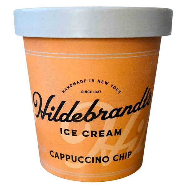 Hildebrandt's Cappuccino Chip ice cream pint with an orange label and light blue lid.