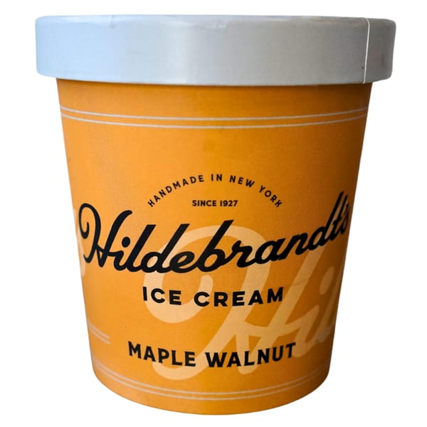 Hildebrandt's Maple Walnut ice cream pint, orange container with white lid and black lettering.