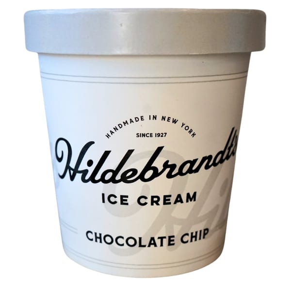 Hildebrandt's Chocolate Chip ice cream pint with a white lid and black lettering.