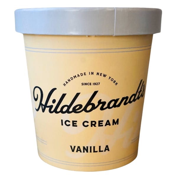 Hildebrandt's vanilla ice cream pint with a light yellow label and gray lid.